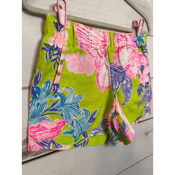 Lilly Pulitzer S Linen Shorts Neon Lime Green Floral Print Stretchy Waist Comfy - Picture 6 of 6